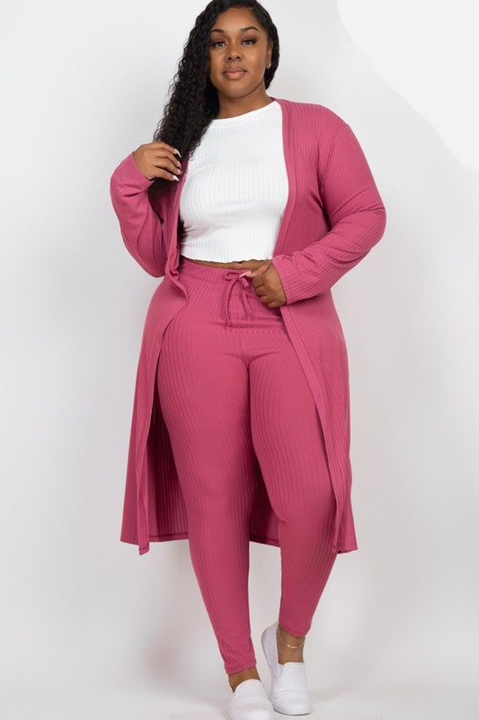 Plus Size Ribbed Long Cardigan & Leggings Set: Cozy & Chic Two-Piece Outfit