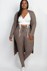 Plus Size Ribbed Long Cardigan & Leggings Set: Cozy & Chic Two-Piece Outfit