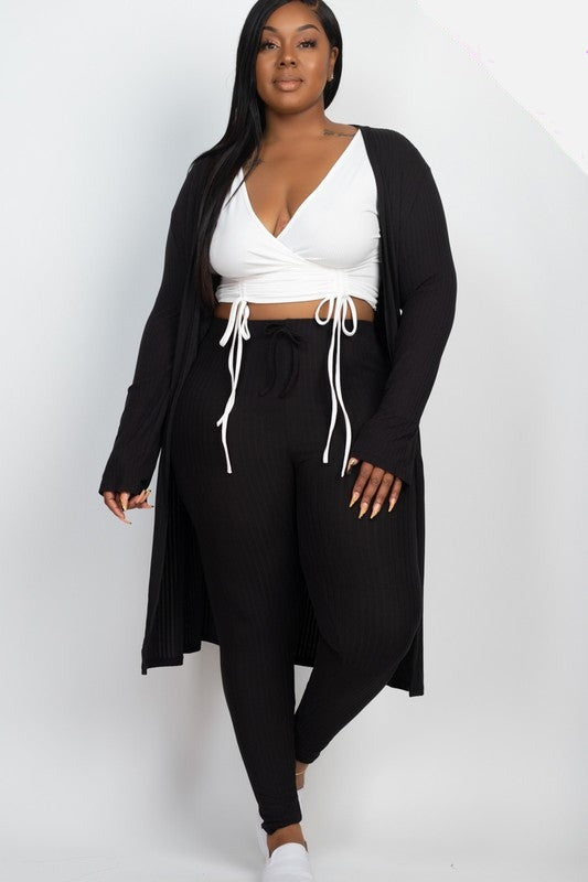 Plus Size Ribbed Long Cardigan & Leggings Set: Cozy & Chic Two-Piece Outfit