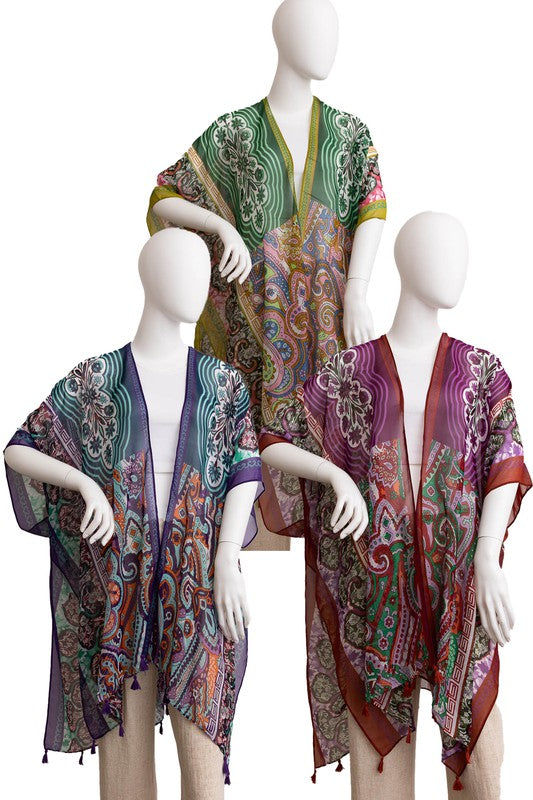 Paisley Print Open Front Kimono w/ Cinched Arms