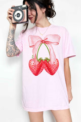 Coquette Strawberry Ribbon Bow Graphic Tee - Minihomy