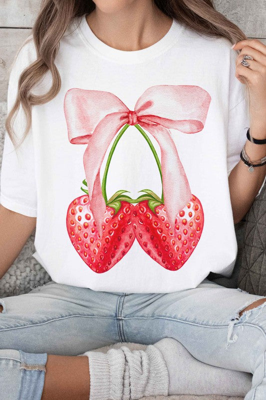 Coquette Strawberry Ribbon Bow Graphic Tee - Minihomy