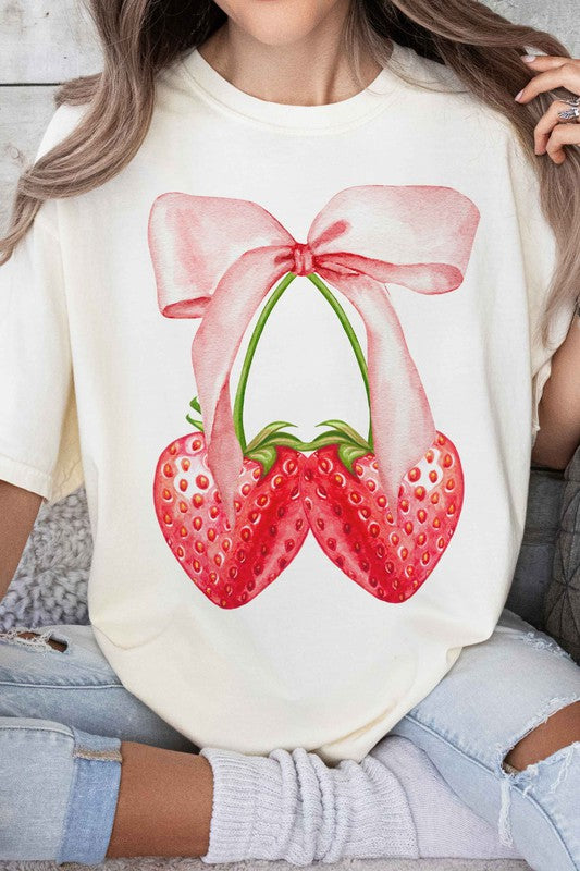 Coquette Strawberry Ribbon Bow Graphic Tee - Minihomy