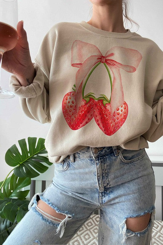 Coquette Strawberry Ribbon Bow Graphic Sweatshirt