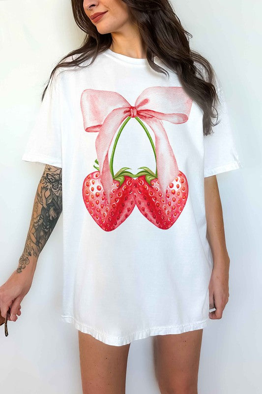 Coquette Strawberry Ribbon Oversized Graphic Tee - Minihomy