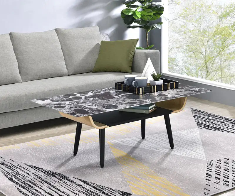 Landon 47" Coffee Table: Black Marble Glass Top & Bent Wood