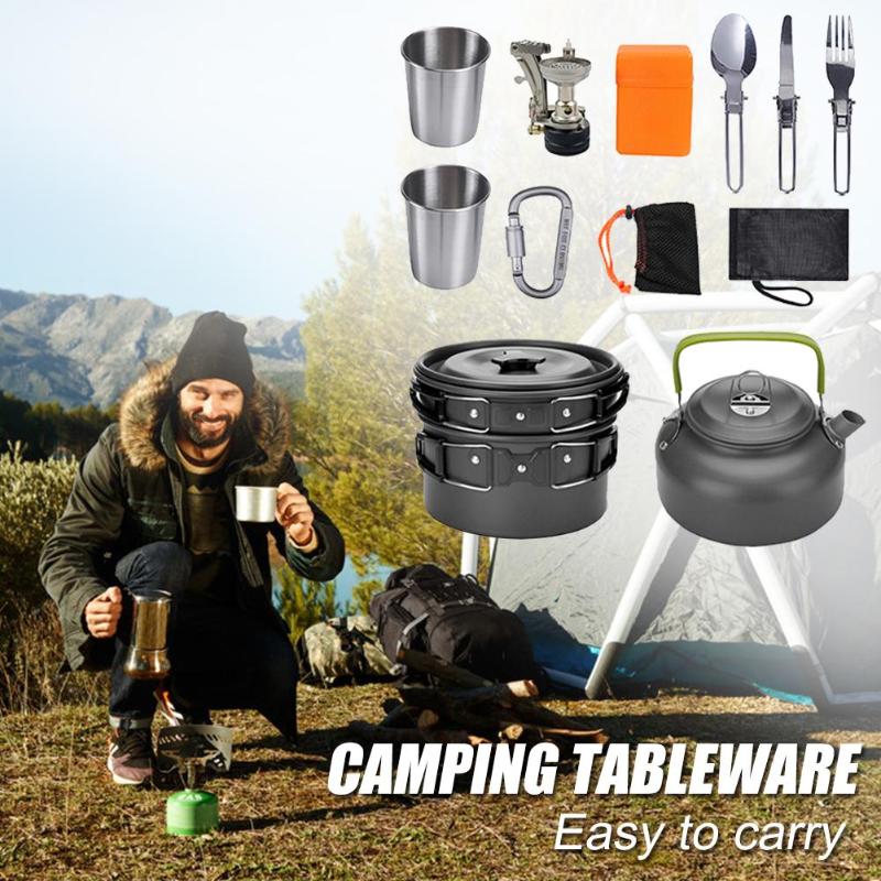 Portable Camping Cooker Stove with Aluminum Cookware Set and Stainless Steel Utensils - 2-3 People - Minihomy