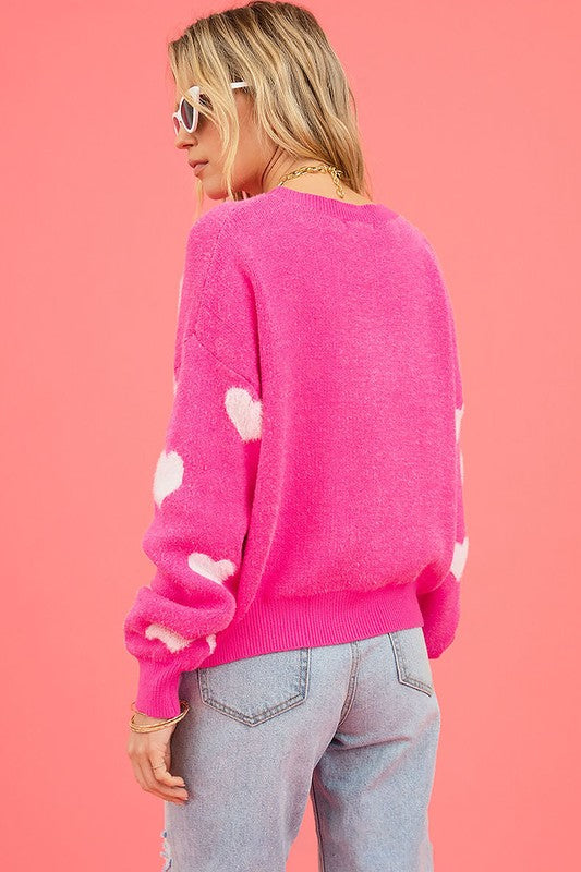 Love Pink Fuzzy Hearts Drop Shoulder Sweater