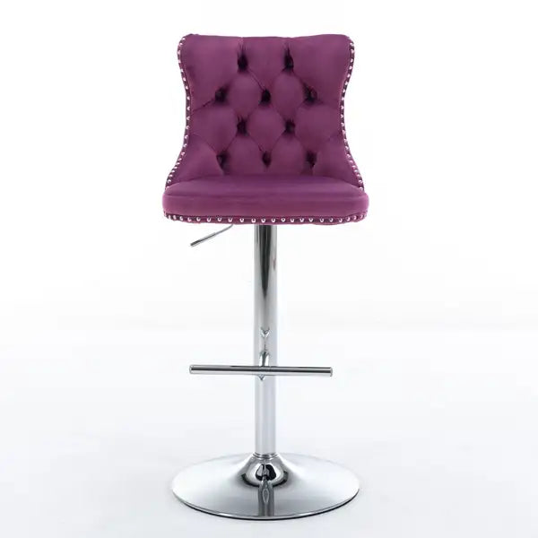 Purple Velvet Bar Stools with Backs - Adjustable Height 25-33", Chrome Base, Set of 2