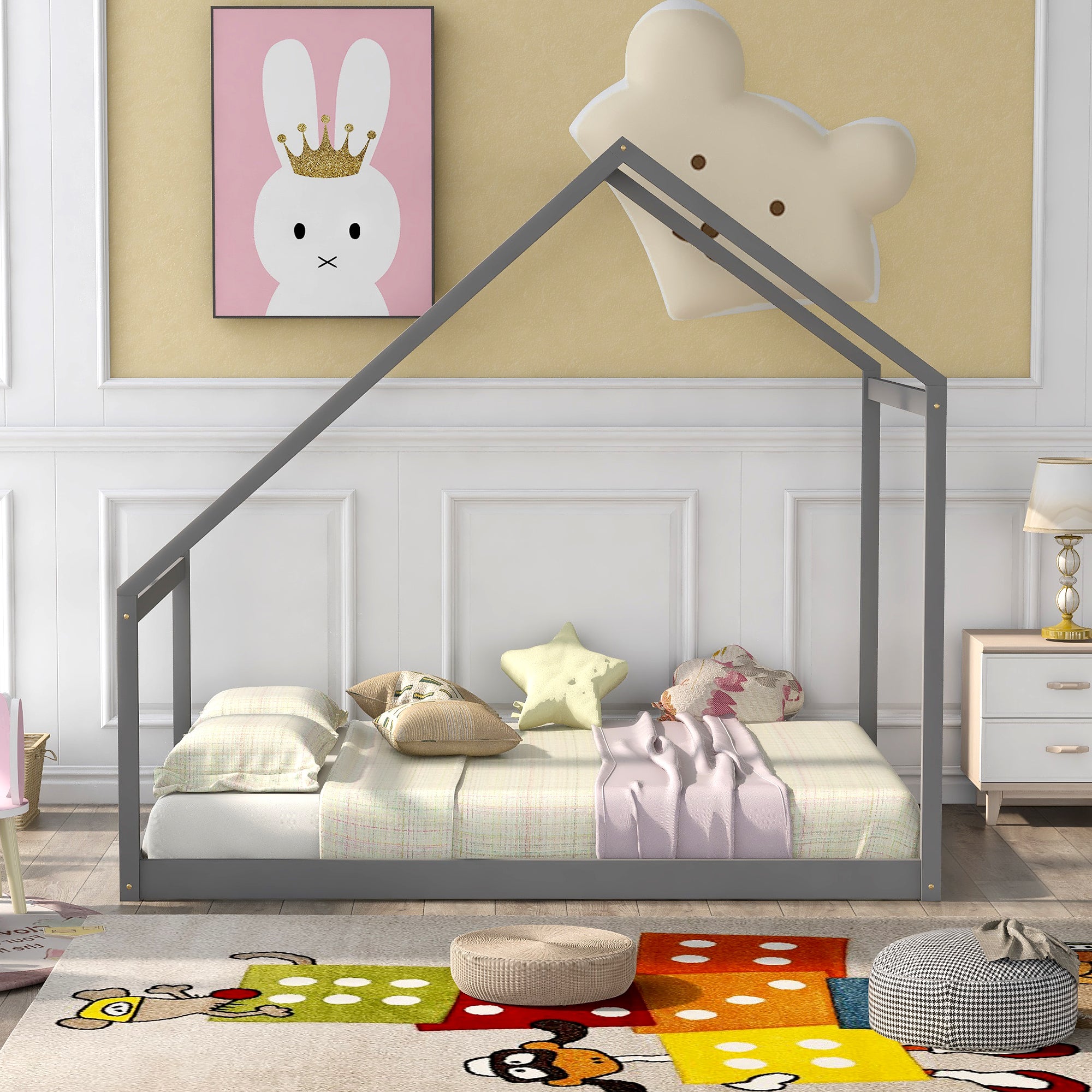 Full Size Wooden House Bed in Gray - Kids Bedroom Furniture