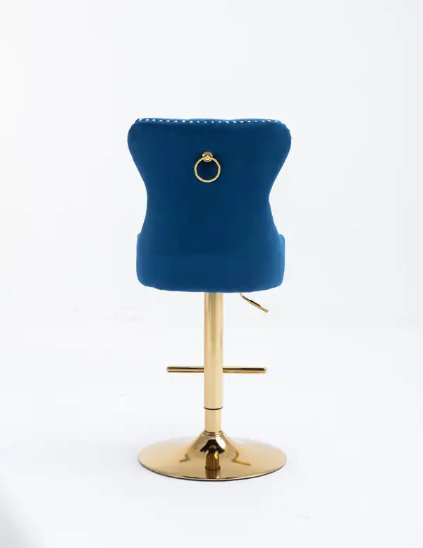 2-Piece Velvet Bar Stools Set | Adjustable Counter Height, Tufted Back, Blue & Gold - Minihomy