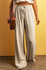 Wide Leg Linen Viscose Pants - Beige Floor Length