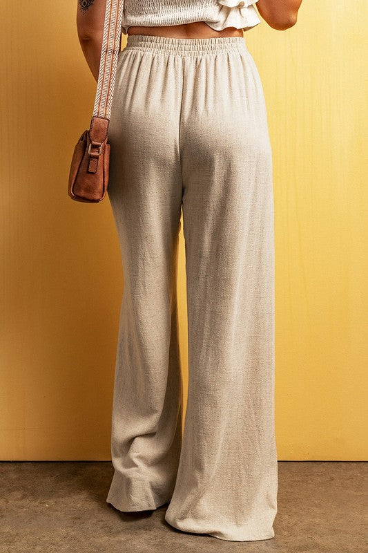 Wide Leg Linen Viscose Pants - Beige Floor Length