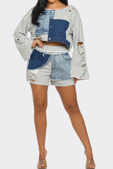 Urban Deconstructed Denim & Jersey Outfit - Stylish Casual Wear for Modern Fashion