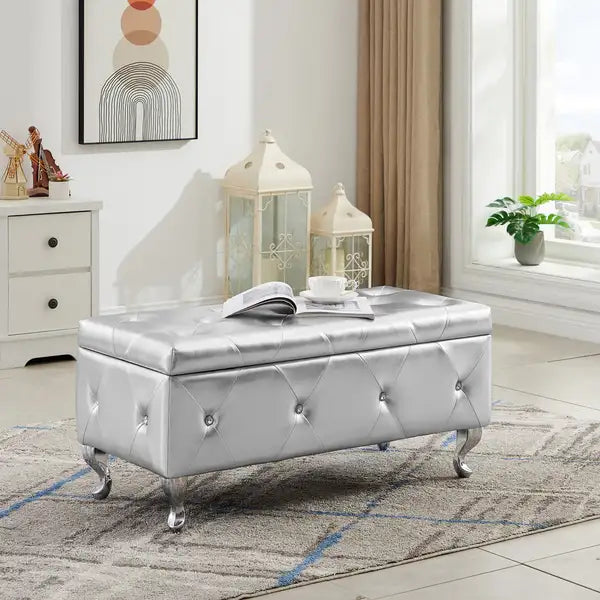 Storage Bench with Flip Top & Padded Seat - 250 lbs Capacity - Silver PU