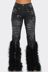 Distressed Pearl Embellished Feather Detail Women's Jeans - Trendy Casual Style