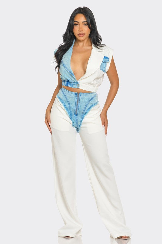 Denim Urban Chic Fusion Set - Deconstructed Light Blue Denim Vest & Elegant White Trousers