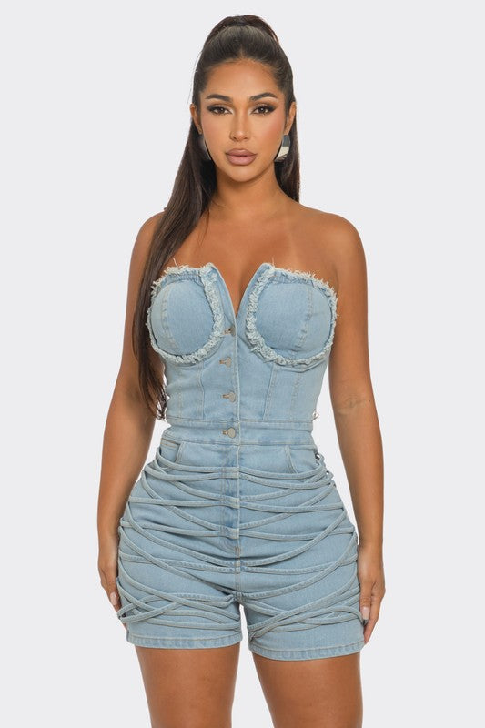 Frayed Edge Denim Corset Romper for Women - Stylish Casual Jumpsuit