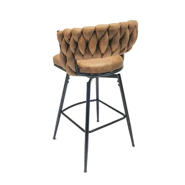 Brown Leather Woven Bar Stools Set of 2, Black Legs, Swivel, Upholstered, Backrest, Footrest - Minihomy