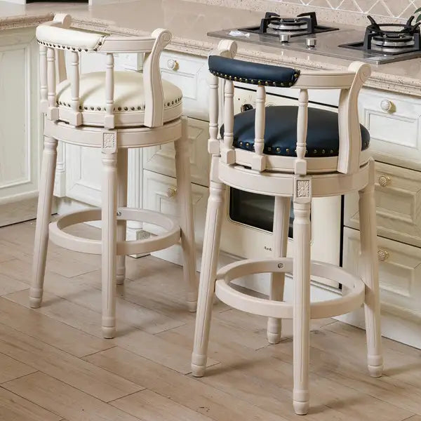 White & Blue Leather Bar Stools, 26 Inch Seat Height, Set of 1