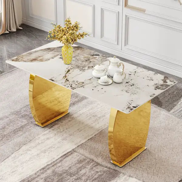 Modern Marble Dining Table with Gold Legs - 63" x 31.4" - Kitchen, Dining, Living Room