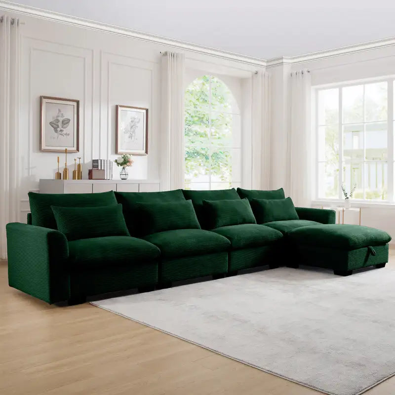 L-Shaped Corduroy Sectional Sofa with Storage - Green