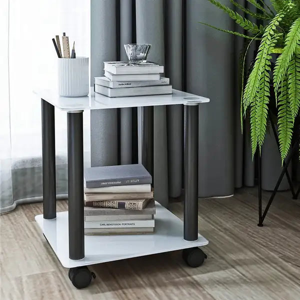 Modern 2-Tier White & Black Side Table with Storage Shelf