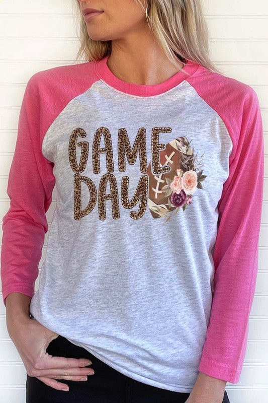 Football Game Day Floral Graphic Raglan T-Shirt for Women