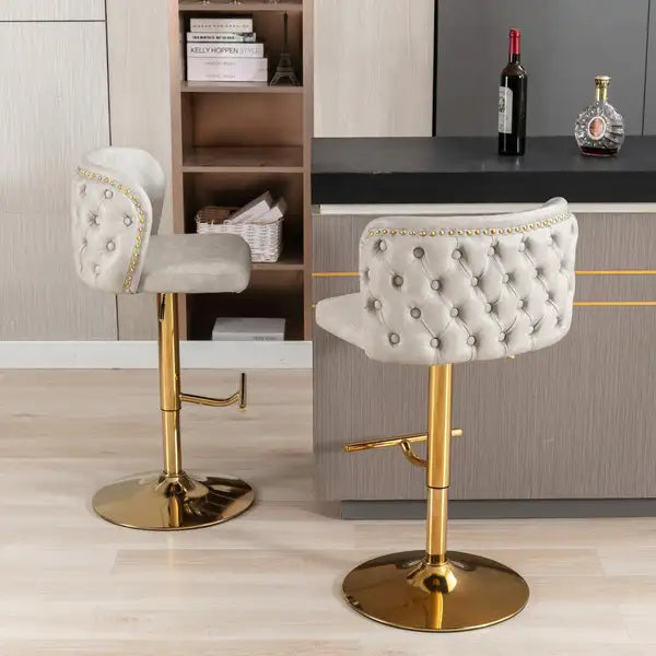 Beige Swivel Barstools, Adjustable Height, Tufted Back, Modern PU Upholstery, Set of 2 for Kitchen Island & Pub - Minihomy