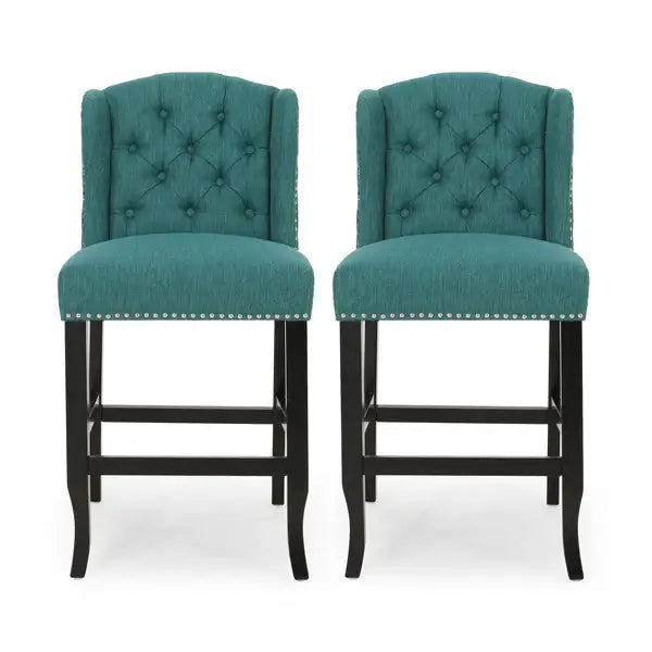 Teal & Dark Brown Fabric Tufted Wingback Counter Stools (Set of 2) - Vienna Contemporary 27"