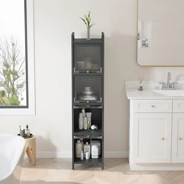 Modern 4-Tier Glass Door Cabinet with 5-Tier Storage - Entryway, Living Room, Bathroom, Dining Room - Matte Gray