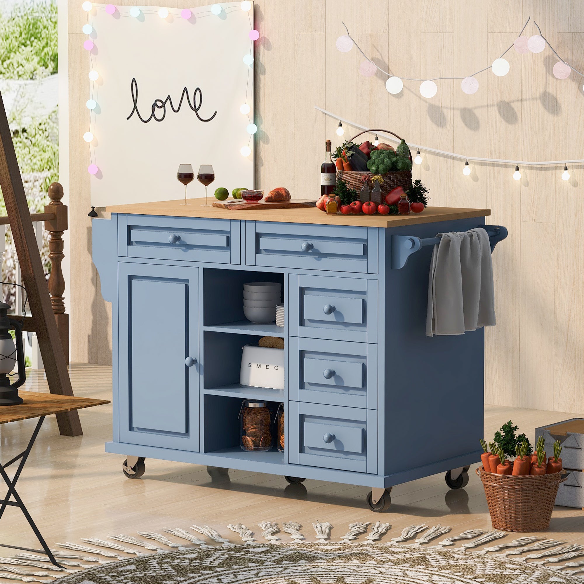 Blue Kitchen Cart with Storage, 5 Drawers & Rolling Island - 53 Inch