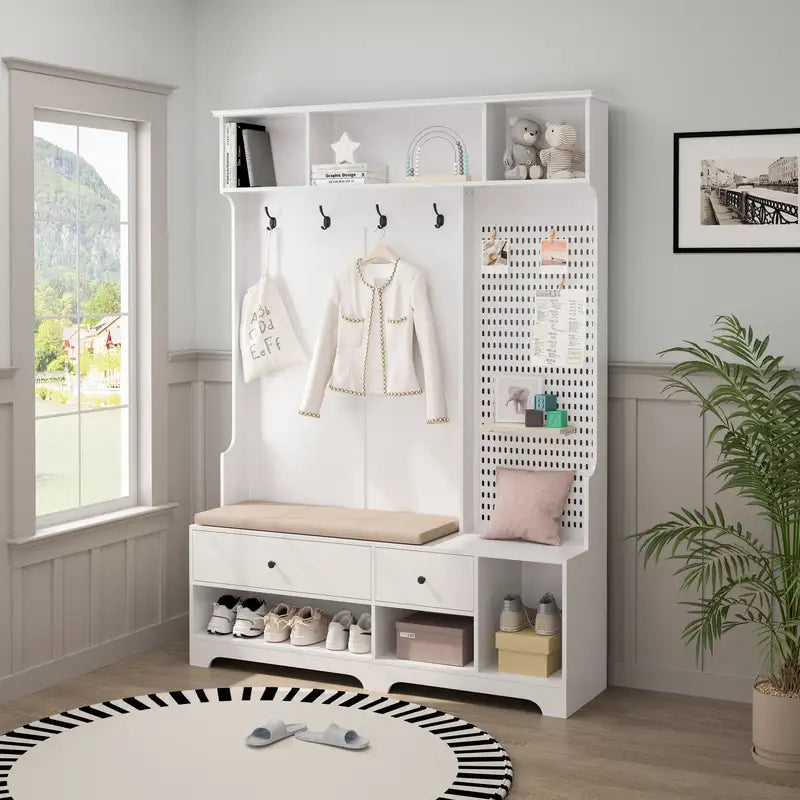 White Hall Tree with Bench, Coat Rack & Storage - Entryway Organizer