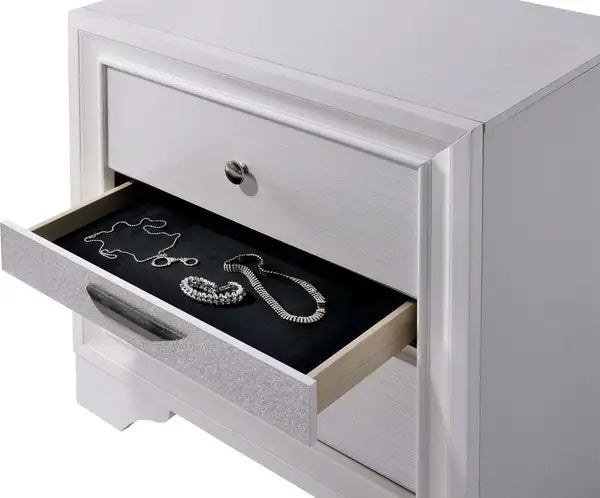 White Nightstand with Hidden Jewelry Drawer & Silver Accents - Bedroom Furniture