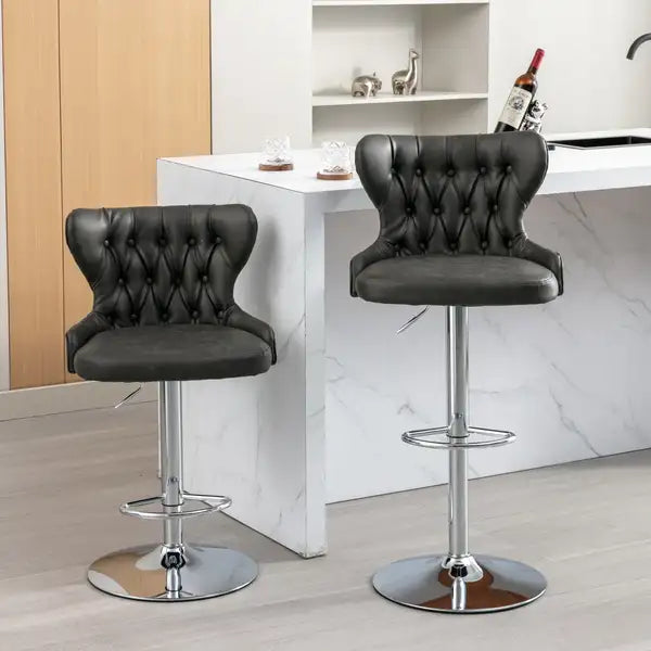 Olive Green Swivel Bar Stools with Backs - Adjustable Height 25-33", Chrome Base, Tufted  - SW1844GY - Minihomy