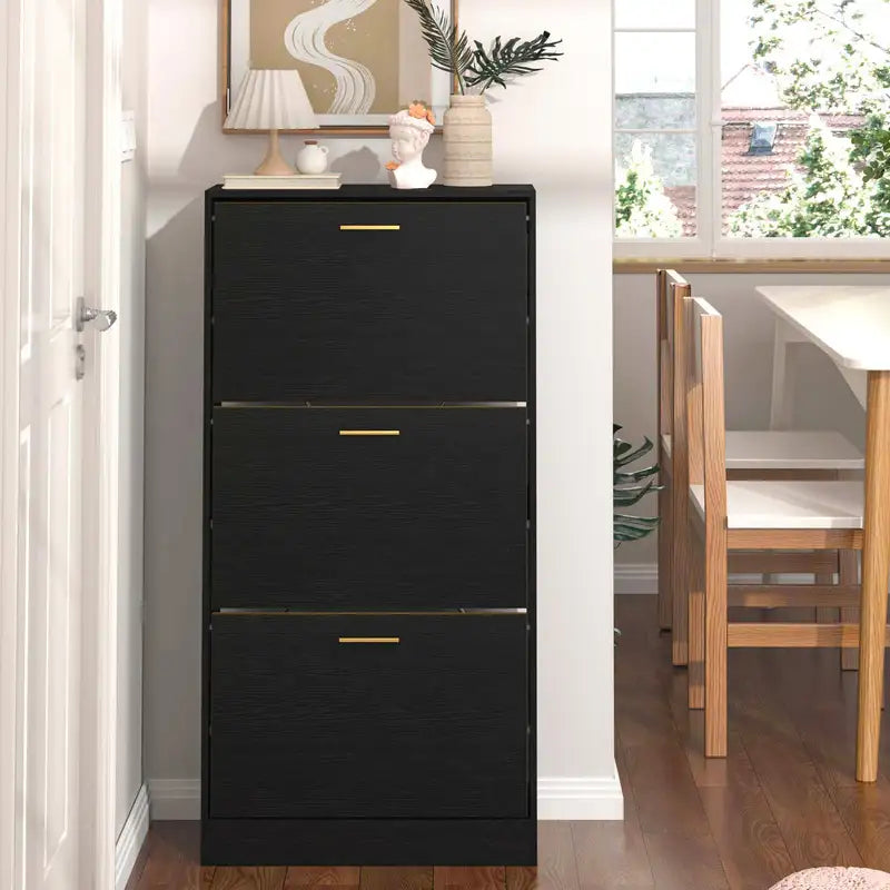 Black Modern Shoe Cabinet - 3 Hidden Drawers, Slim & Freestanding