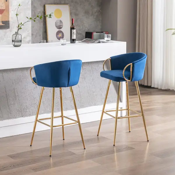 26 Inch Velvet Bar Stools Set of 2, Chrome Footrest, Golden Legs, Blue - Minihomy