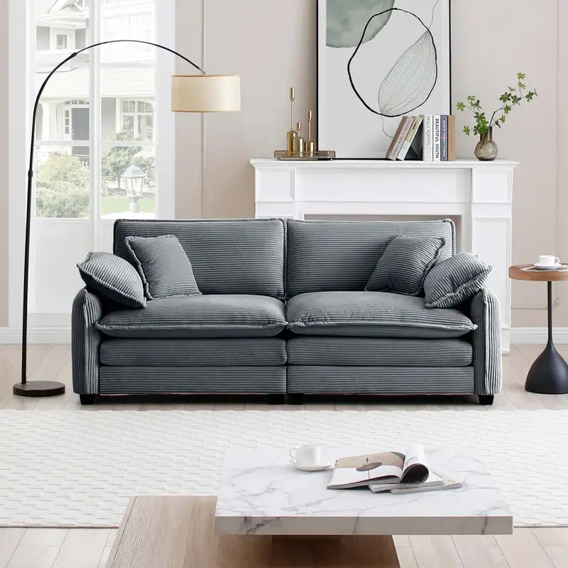 Cozy Grey Corduroy Sofa: Deep Seat, 2 Seater, 4 Pillows