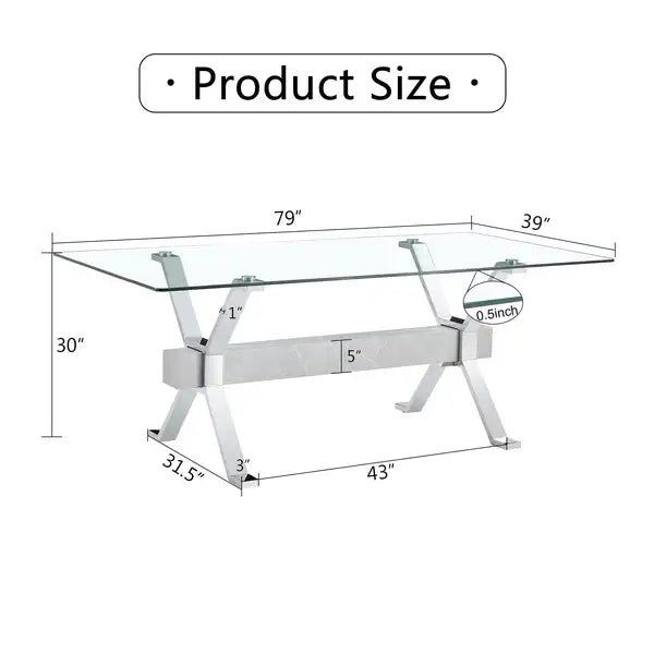 Modern Glass Dining Table with Silver Legs - 79" x 39" x 30" - Home & Office Use - Minihomy