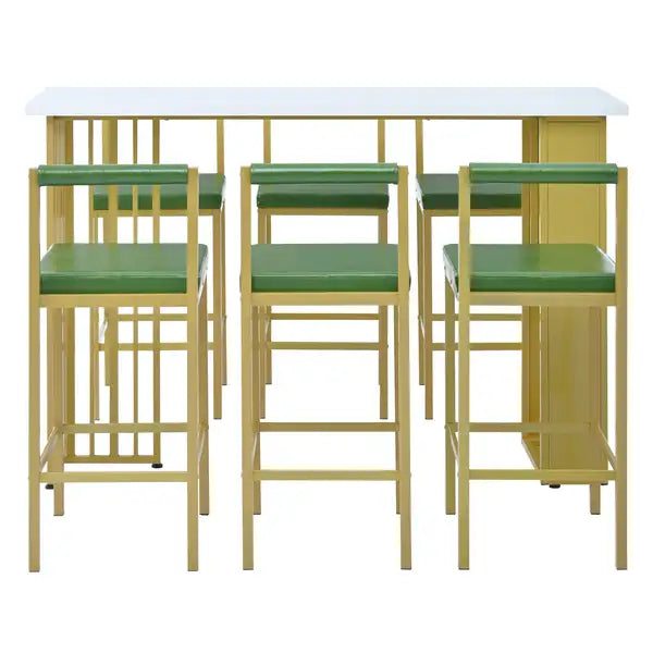 7-Piece Counter Height Dining Set with Upholstered Stools - White & Green - TREXM - Minihomy