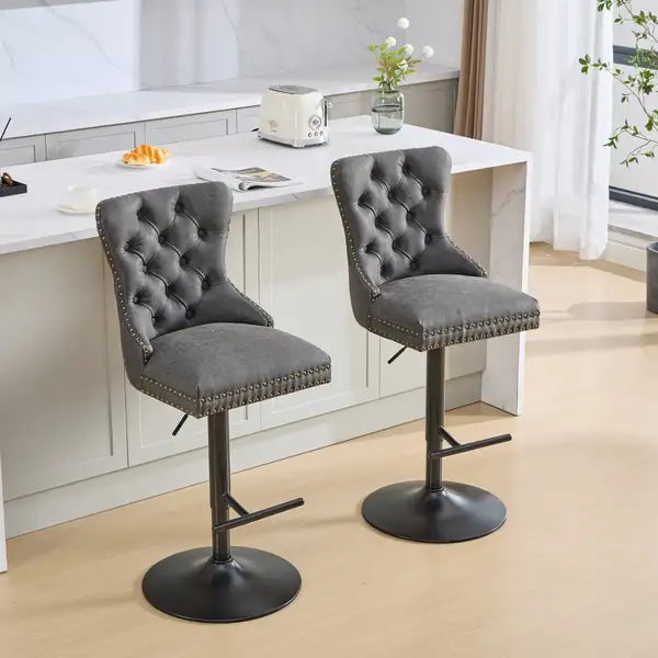 A&A Furniture Black Swivel Barstools, Adjustable Height 25-33", Tufted Back, Set of 2 - Minihomy