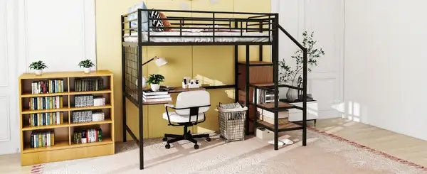 Full Size Metal Loft Bed with Desk, Storage Ladder & Wardrobe - Black - Minihomy