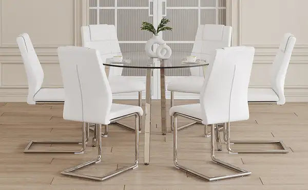 Modern Glass Dining Table & 6 PU Leather Chairs Set - Minimalist Round Tempered Glass with Chrome Legs - Minihomy