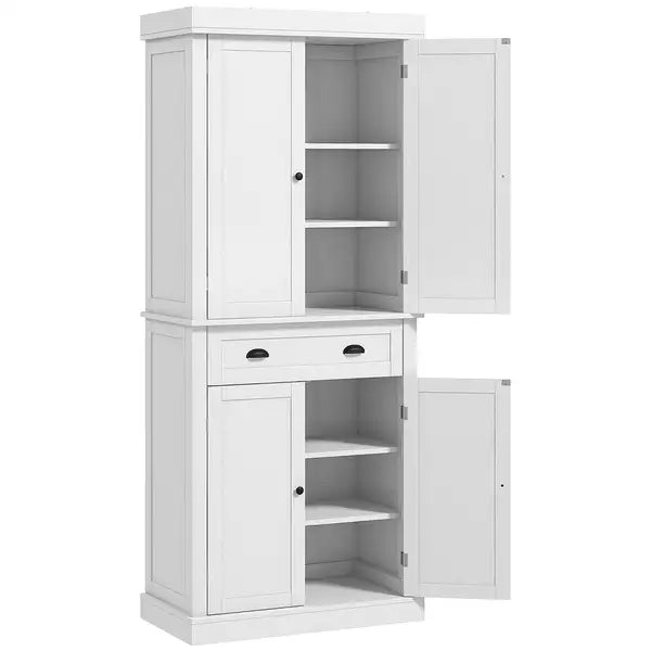 HOMCOM 72.5" White Kitchen Pantry Cabinet - 4 Doors, Drawer, Adjustable Shelves