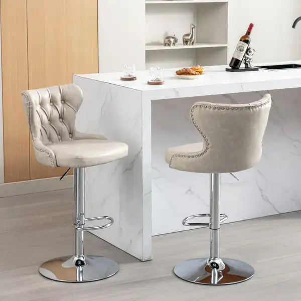 Olive Green Swivel Bar Stools with Backs - Adjustable Height, Chrome Base, Tufted - SW1844BG - Minihomy