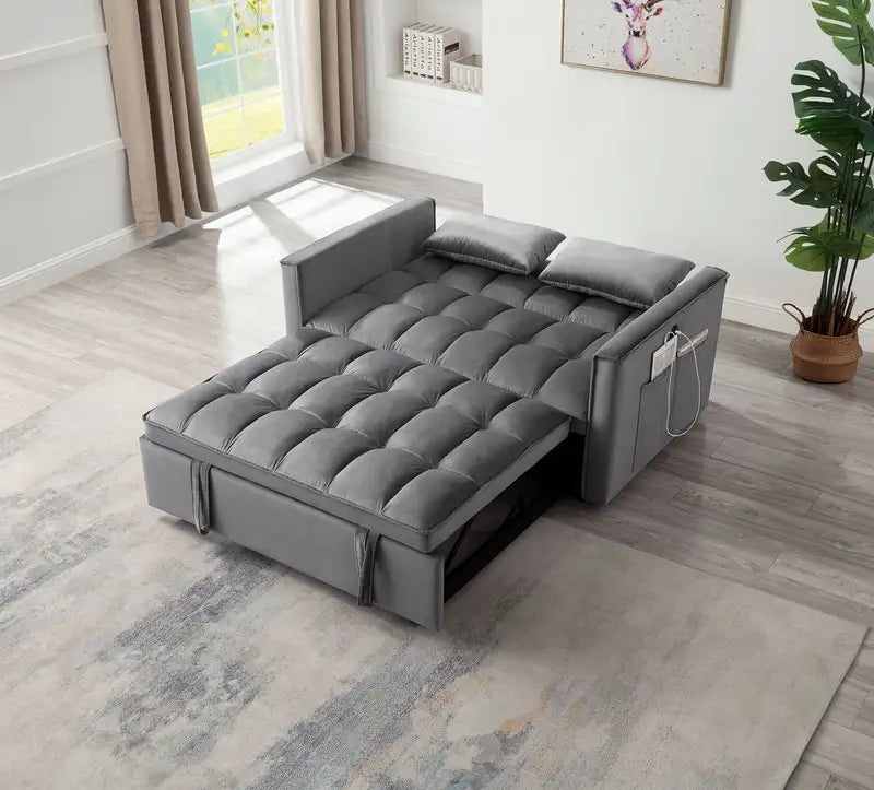 Velvet Sleeper Sofa Bed with USB, Pull-Out Bed & Pillows