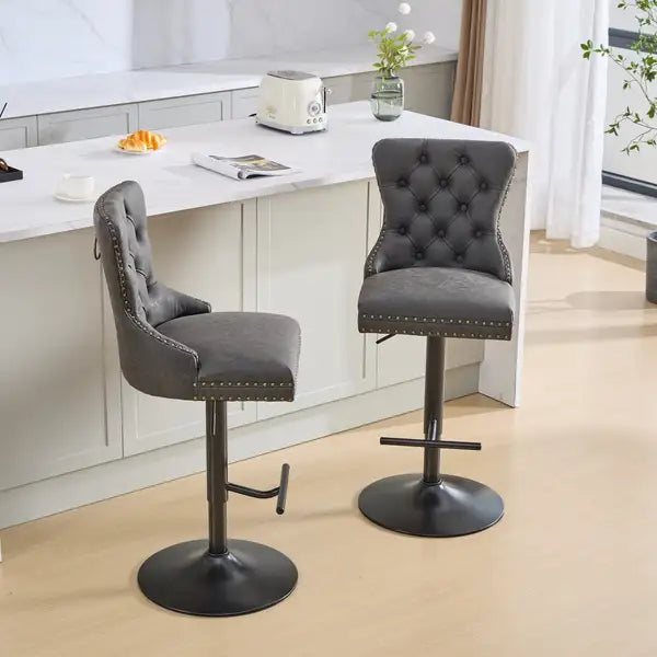 A&A Furniture Black Swivel Barstools, Adjustable Height 25-33", Tufted Back, Set of 2 - Minihomy