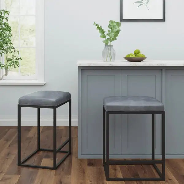 Grey Metal & Faux Leather Bar Stools (Set of 2) - Riley