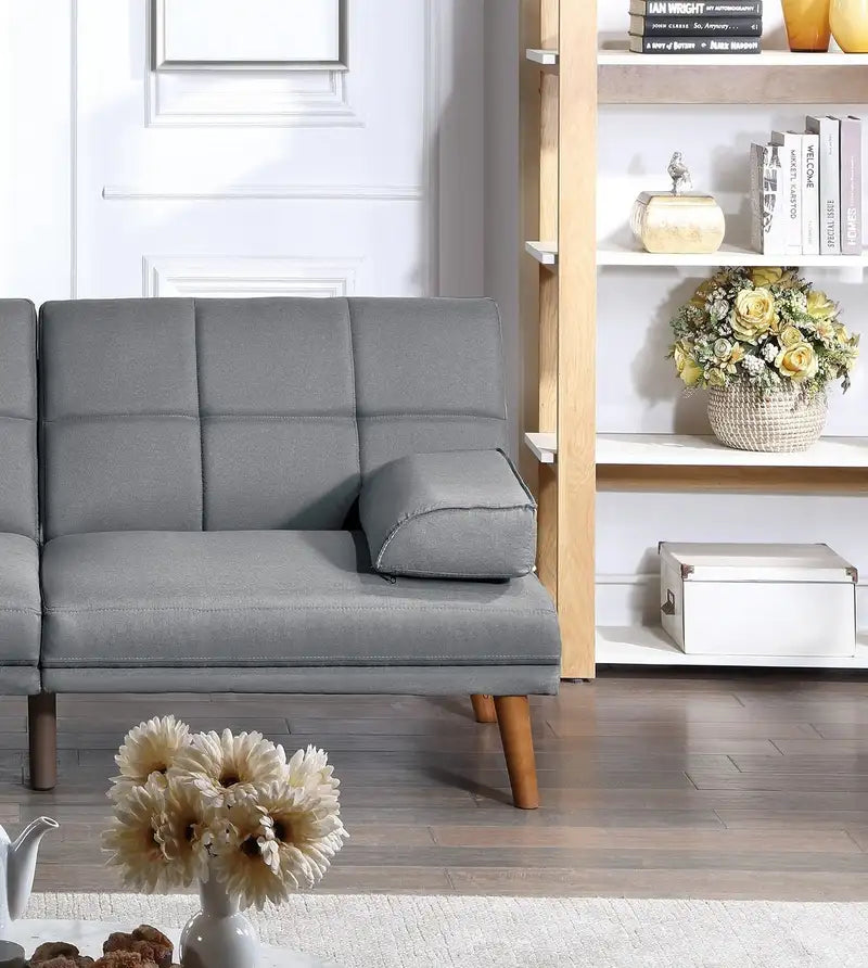 Blue Grey Tufted Sofa: Solid Wood Legs, Adjustable Comfort