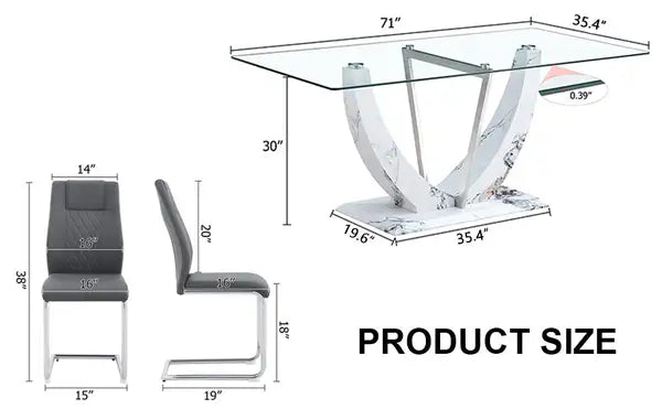 Modern Glass Dining Table & Chair Set for 6-8 People - Tempered Glass Top, MDF Legs, Comfortable Chairs - Minihomy